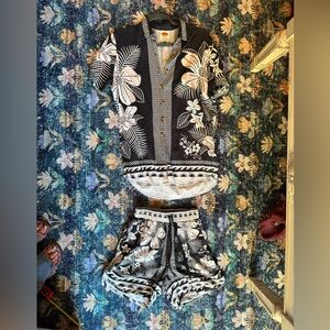 Farm Rio Macaw Linen Blend Black and White Floral Button-Up Shirt and Shorts Set